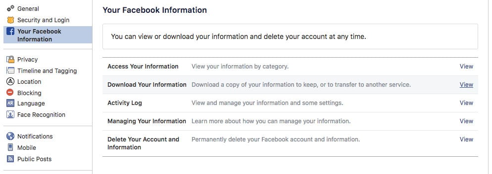 facebook privacy nedladdning data